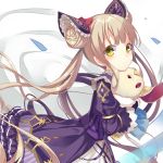  1girl bangs blonde_hair blush bow closed_mouth cowboy_shot double_bun dress eyebrows_visible_through_hair frills hair_bow hair_ornament hair_ribbon holding holding_stuffed_animal lolita_fashion long_hair long_sleeves looking_at_viewer looking_to_the_side luna_(shadowverse) nyori petticoat puffy_long_sleeves puffy_sleeves purple_dress red_bow red_ribbon ribbon shadowverse sidelocks solo stuffed_animal stuffed_toy twintails very_long_hair yellow_eyes 