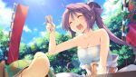  1girl aquaplus bare_shoulders breasts cleavage closed_eyes dungeon_travelers_2 flag holding houzouji_yae kokonoka light_rays long_hair open_mouth outdoors purple_hair sarashi solo turtle 