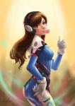  1girl artist_name ass bangs bodysuit boots bracer breasts brown_eyes brown_hair bubble_blowing bubblegum cowboy_shot d.va_(overwatch) dated emblem eyelashes from_side gloves gum hand_on_hip headphones legs_together lips logo long_hair long_sleeves medium_breasts overwatch pauldrons pilot_suit pink_lips ribbed_bodysuit ryfee shoulder_pads skin_tight solo swept_bangs thigh-highs thigh_boots thigh_strap turtleneck white_boots white_gloves 