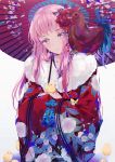  1girl animal animal_on_shoulder artist_name bangs beads bird blush bow chicken closed_mouth dangmill eyebrows_visible_through_hair eyelashes floral_print fur_trim furisode hair_bow head_tilt highres japanese_clothes kimono kinchaku long_hair long_sleeves looking_at_viewer obi oriental_umbrella original over_shoulder pink_hair pouch puddle red_flower rooster sash shawl signature smile umbrella white_background wide_sleeves 