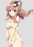  1girl absurdres bra breasts brown_hair chestnut_mouth cleavage embarrassed grey_eyes highres kantai_collection long_hair medium_breasts mou_(piooooon) panties ponytail red_ascot red_neckerchief saratoga_(kantai_collection) side_ponytail standing underwear white_bra white_panties 