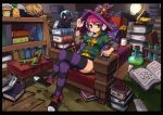  1girl armchair black_border book book_stack border cat chair chan_co earphones green_eyes hand_on_headwear hat laboratory lamp legs_crossed lizard looking_at_viewer mouth_hold original pink_hair purple_legwear redhead shoes shorts sneakers solo striped striped_legwear study thigh-highs witch_hat 