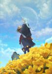  1girl blue_hair bouquet braid circlet clouds dated day fantasy flower grave horn kio_naoki long_hair looking_afar looking_up low-tied_long_hair moon original petals profile robe signature single_braid sky solo tombstone wind 
