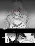  3girls _yahaee blake_belladonna blush breasts cleavage comic female gradient gradient_background licking long_hair monochrome multiple_girls neo_(rwby) netorare red_eyes restrained rwby short_hair spot_color upper_body yang_xiao_long yuri 