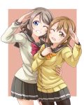  2girls arm_around_back bangs black_skirt blue_eyes bow bowtie brown_eyes brown_hair cowboy_shot double-breasted grey_hair grin kunikida_hanamaru long_hair long_sleeves looking_at_viewer love_live! love_live!_sunshine!! miniskirt multiple_girls one_eye_closed open_mouth outside_border pleated_skirt red_background red_bow red_bowtie salute school_uniform serafuku seven_(11) short_hair simple_background skirt smile sweatdrop watanabe_you wavy_mouth white_border yellow_bow yellow_bowtie 