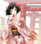  1girl black_hair camellia_(flower) cherry_blossoms floral_print flower fox_mask japanese_clothes kimono mask miogrobin original petals short_hair solo torii yellow_eyes 