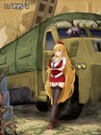  1girl bangs black_legwear black_necktie blonde_hair blush breast_hold breasts character_request cleavage crossed_arms dungeon_and_fighter formal full_body garter_straps green_eyes hair_ribbon high_heels large_breasts long_hair looking_at_viewer military military_vehicle necktie red_ribbon red_shoes red_skirt red_vest ribbon shaojiang shirt shoes sidelocks skirt skirt_suit sleeves_rolled_up solo standing suit thigh-highs very_long_hair vest white_shirt 