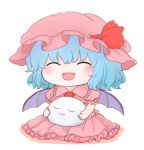  1girl bat_wings blue_hair blush chibi closed_eyes dress fang hat hat_ribbon mob_cap open_mouth pink_dress puffy_short_sleeves puffy_sleeves rei_(tonbo0430) remilia_scarlet ribbon short_sleeves simple_background skirt skirt_set solo touhou white_background wings 