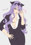  1girl ;) ;d adjusting_glasses aomeeso bespectacled breasts camilla_(fire_emblem_if) circlet cleavage eyebrows_visible_through_hair eyes_visible_through_hair fire_emblem fire_emblem_if glasses hair_over_one_eye hand_on_hip highres lips long_hair one_eye_closed open_mouth purple_background purple_hair simple_background smile solo teacher violet_eyes wavy_hair 