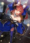  &gt;:d 1girl :d animal_ears arm_up bangs bare_shoulders blue_dress blue_legwear blue_ribbon breasts brown_eyes cleavage detached_collar detached_sleeves dress dutch_angle fangs fate/grand_order fate_(series) fox_ears fox_girl fox_tail hair_between_eyes hair_ribbon large_breasts legs_apart light_particles lloule long_hair long_sleeves looking_at_viewer open_mouth redhead ribbon sandals smile solo tail tamamo_(fate)_(all) tamamo_no_mae_(fate) teeth thigh-highs wide_sleeves 