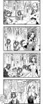  4koma 6+girls adapted_costume apron ascot bare_shoulders blush book bow braid breasts chair comic crescent crescent_hair_ornament cup detached_sleeves emphasis_lines enami_hakase flandre_scarlet hair_ornament hair_over_one_eye hat head_wings highres hong_meiling izayoi_sakuya large_breasts long_hair maid_headdress microphone monochrome multiple_girls necktie open_mouth patchouli_knowledge remilia_scarlet short_hair side_ponytail sunglasses table tears touhou translation_request twin_braids waist_apron window wings wristband 