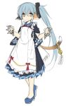  1girl alternate_costume animal_ears apron arashi_(zhan_jian_shao_nyu) bell blue_dress blue_hair blue_shoes clenched_hand closed_mouth dress enmaided floral_print full_body hair_between_eyes japanese_clothes jiang-ge long_hair looking_at_viewer maid maid_apron pleated_skirt pocket shoes side_ponytail simple_background sketch skirt smile spiked_knuckles standing tail white_background yellow_eyes zhan_jian_shao_nyu 