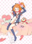  aikatsu! alarm_clock asymmetrical_legwear bed blush boots boots_removed bow brown_hair cellphone clock clothes embarrassed feet hair_ribbon long_hair looking_at_viewer loose_socks messy_hair messy_room mokeo on_bed oozora_akari open_mouth partially_undressed phone pillow pink_bow red_eyes ribbon shoes_removed side_ponytail simple_background sitting sitting_on_bed slippers slippers_removed smartphone socks tying_hair 