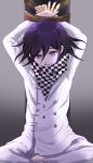  1boy arms_up barefoot blood bloody_clothes bound bound_wrists bruise_on_face checkered checkered_scarf dangan_ronpa double-breasted indian_style looking_at_viewer male_focus new_dangan_ronpa_v3 nosebleed ouma_kokichi pole purple_hair rope scarf sitting smile torn_clothes utou_(utousan) violet_eyes 