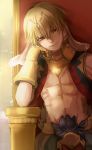  abs absurdres asa_lemon blonde_hair collar cropped_vest fate/grand_order fate_(series) gilgamesh gilgamesh_(caster)_(fate) head_rest highres looking_away red_eyes shirtless sitting throne upper_body 