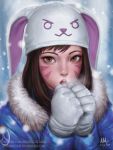  1girl animal_ears beanie breath coat d.va_(overwatch) face fake_animal_ears fur_collar gloves hat highres looking_at_viewer mirco_cabbia open_mouth overwatch rabbit_ears snow snowing solo whisker_markings 