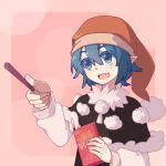  1girl :d blue_eyes blue_hair doremy_sweet fang food hair_between_eyes hat holding ko_kita long_sleeves looking_to_the_side nightcap open_mouth outstretched_arm pocky pocky_kiss pom_pom_(clothes) shared_food smile solo touhou 