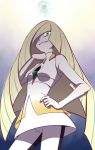  1girl bare_arms bare_shoulders blonde_hair dress gooberman_(kdk5011) green_eyes hair_over_one_eye long_hair looking_at_viewer lusamine_(pokemon) nihilego pokemon pokemon_(game) pokemon_sm sleeveless sleeveless_dress smile solo very_long_hair 