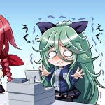  2girls alternate_costume black_legwear blush braid cash_register cashier chibi commentary_request frown green_hair hair_between_eyes hair_ornament hair_ribbon hairclip kantai_collection kawakaze_(kantai_collection) lawson long_hair looking_at_viewer multiple_girls name_tag o_o out_of_frame pleated_skirt redhead ribbon skirt tearing_up tears thigh-highs tk8d32 translation_request trembling yamakaze_(kantai_collection) zettai_ryouiki 