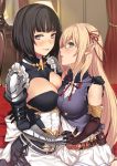  2girls arisa_(shadowverse) armor armored_dress asymmetrical_docking bangs bare_shoulders belt belt_pouch black_eyes black_gloves black_hair blonde_hair blunt_bangs blush breast_press breasts brooch brown_gloves cleavage deras elbow_gloves elf erika_(shadowverse) from_side gauntlets glitter gloves green_eyes hair_ribbon hand_holding hand_on_another&#039;s_shoulder interlocked_fingers jewelry large_breasts long_hair looking_at_viewer looking_to_the_side medium_breasts multiple_girls neck_ribbon parted_lips pauldrons pointy_ears red_ribbon ribbon shadowverse short_hair yuri 