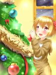  1girl alternate_costume animal_costume blonde_hair blurry blush bokeh christmas christmas_ornaments christmas_tree commentary depth_of_field hand_up highres holding hood indoors lens_flare looking_up night open_mouth red_eyes reindeer_costume rody_(hayama_yuu) rumia short_hair smile snow snowing solo touhou window 