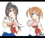  2girls black_hair blue_eyes blue_skirt brown_hair dancing foreshortening gleision_adain high_school_fleet index_finger_raised koi_dance long_hair looking_at_viewer misaki_akeno multiple_girls munetani_mashiro nigeru_wa_haji_daga_yaku_ni_tatsu pleated_skirt red_eyes rope school_uniform serafuku short_hair signature skirt twintails 