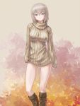  1girl autumn_leaves blue_eyes boots breasts casual contrapposto dress girls_und_panzer grey_hair itsumi_erika jpeg_artifacts looking_at_viewer medium_breasts rasukaru ribbed_sweater short_hair solo sweater sweater_dress 