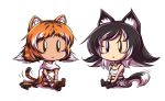  2girls :&lt; animal_ears bell black_hair blue_eyes boots brown_eyes camisole cat_ears cat_tail collar heterochromia mazume multicolored_hair multiple_girls orange_hair original scarf short_hair sitting skirt tail thigh-highs tiger_ears tiger_tail white_background white_hair 