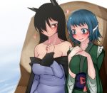  2girls animal_ears aoshima blue_eyes blue_hair blush breasts brown_hair collarbone commentary_request curly_hair dress flying_sweatdrops hair_over_one_eye head_fins heart imaizumi_kagerou implied_yuri japanese_clothes large_breasts long_hair looking_at_another looking_down multiple_girls off-shoulder_dress off_shoulder open_mouth red_eyes short_hair sitting sleeves_rolled_up smile touhou upper_body wakasagihime white_dress wide_sleeves wolf_ears 