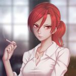  1girl aozaki_touko artist_name between_fingers breasts cigarette cleavage closed_mouth collarbone collared_shirt dress_shirt eyelashes fingernails glasses glasseslips hair_between_eyes hand_up highres holding_cigarette jewelry kara_no_kyoukai large_breasts long_hair looking_at_viewer naoko_(naoko00) necklace nose pink_lips ponytail red_eyes redhead semi-rimless_glasses shirt sleeves_past_elbows sleeves_rolled_up smoke solo upper_body white_shirt 