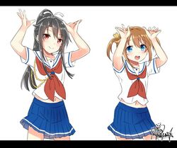  2girls arms_up black_hair blue_eyes blue_skirt brown_hair dancing gleision_adain high_school_fleet koi_dance long_hair looking_at_viewer misaki_akeno multiple_girls munetani_mashiro navel nigeru_wa_haji_daga_yaku_ni_tatsu pleated_skirt red_eyes rope school_uniform serafuku short_hair signature skirt twintails 