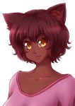  :3 animal_ears brown_hair cat_ears dark_skin looking_at_viewer mazume orange_eyes original pink_shirt shirt short_hair white_background 