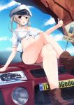  1girl belt blonde_hair blue_eyes breasts car cleavage gedou_(shigure_seishin) graf_zeppelin_(kantai_collection) ground_vehicle hair_between_eyes hat kantai_collection legs_crossed long_hair military_hat motor_vehicle peaked_cap road_sign shirt sign solo twintails twitter 