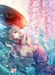  1girl eyebrows_visible_through_hair flower grey_hair hair_down hichou japanese_clothes kimono layered_clothing long_hair long_sleeves lying lying_on_water mystical_power_plant no_hat no_headwear on_side oriental_umbrella petals red_eyes solo suitokuin_tenmu touhou umbrella very_long_hair wide_sleeves 