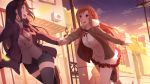  2girls asuna_(sao) black_hair black_legwear black_shorts boots bow bowtie braid brown_boots buttons dress dutch_angle evening fence fur-lined_jacket half_updo hand_holding hood hooded_jacket jacket long_hair long_sleeves multiple_girls open_mouth orange_eyes orange_hair power_lines red_bow red_bowtie rizky_(strated) running shirt shorts sidelocks smile sword_art_online thigh-highs utility_pole white_dress white_shirt yuuki_(sao) 