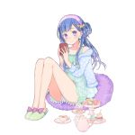  1girl artist_request blue_hair book cup holding holding_book legs_together long_hair rinboshi_riona sitting slippers smile solo teacup teapot transparent_background uchi_no_hime-sama_ga_ichiban_kawaii 