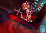  1girl blonde_hair blood cross crystal demon_wings dress female flandre_scarlet frills from_behind full_body graveyard hat kazu_(artist) kazu_(muchuukai) looking_at_viewer mob_cap puffy_short_sleeves puffy_sleeves red_dress red_eyes shaded_face short_sleeves side_ponytail solo tombstone touhou vampire wings 