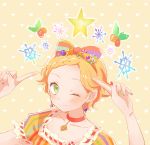  1girl aikatsu! blonde_hair blush bow braid choker christmas christmas_ornaments earrings green_eyes hair_ornament holly jewelry mym nail_polish necklace one_eye_closed pointing pointing_at_self shinjou_hinaki short_hair simple_background smile snowflakes star 