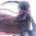  1girl black_hair bow cape choker from_behind long_hair mahou_shoujo_ikusei_keikaku red_bow red_ribbon ribbon ripple_(mahoiku) side_ponytail signature simple_background top_speed white_background zuzi_sotusko 