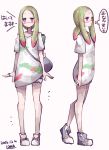  1girl 2016 arms_at_sides artist_name bag blue_eyes closed_mouth collarbone dated dress expressionless facial_mark female forehead full_body green_hair jewelry lamb-oic029 long_hair matsurika_(pokemon) multicolored_hair multiple_views notebook off_shoulder oversized_clothes paint paint_on_clothes paint_on_face paint_stains pink_hair pokemon pokemon_(game) pokemon_sm ponytail ring shoes short_shorts shorts shoulder_bag signature simple_background sketchbook sneakers standing translated violet_eyes white_background 