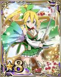  1girl blonde_hair card_(medium) green_eyes green_skirt hair_between_eyes hair_ornament high_ponytail holding holding_sword holding_weapon katana leafa long_hair looking_at_viewer number pleated_skirt ribbon skirt smile solo star sword sword_art_online weapon white_ribbon 