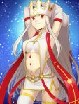  1girl armpits arms_up breasts crown detached_sleeves dress_of_heaven fate/grand_order fate/zero fate_(series) gluteal_fold irisviel_von_einzbern irisviel_von_einzbern_(caster) large_breasts long_hair long_sleeves looking_at_viewer navel pale_skin red_background red_eyes ruchi smile solo thigh-highs under_boob very_long_hair white_hair white_legwear wide_sleeves 