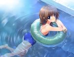  1girl afloat ass barefoot blue_eyes blue_swimsuit blush brown_hair from_above innertube komaki_ikuno looking_up o3o one-piece_swimsuit partially_submerged pool pout ripples school_swimsuit solo suzume_inui swimsuit to_heart_2 water 