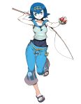  1girl blue_eyes blue_hair covered_navel fishing_rod full_body genzoman looking_at_viewer midriff poke_ball pokemon pokemon_(game) pokemon_sm sandals smile solo suiren_(pokemon) 