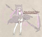  1girl animal_hood artist_name black_cape braid cape cat_hood character_name collar dog_collar fate/grand_order fate_(series) holding holding_weapon hood konoe_ototsugu leotard long_hair looking_at_viewer medusa_(lancer)_(fate) muted_color purple_hair rider scythe shoes single_braid solo twitter_username very_long_hair violet_eyes weapon 