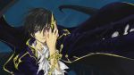  1boy black_hair chains clamp code_geass code_geass_hangyaku_no_lelouch_r2 lelouch_lamperouge looking_at_viewer male_focus screencap short_hair solo torn_clothes upper_body violet_eyes 