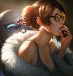  1girl artist_request bare_shoulders beads black-framed_eyewear breasts brown_eyes brown_hair cleavage coat collarbone drone fingernails floating from_side fur-lined_jacket fur_coat fur_trim glasses hair_bun hair_ornament hair_stick hand_to_own_mouth hand_up large_breasts long_fingernails machinery mei_(overwatch) off_shoulder open_mouth overwatch parka portrait realistic robot short_hair sidelocks snowball_(overwatch) snowflake_hair_ornament solo tank_top teeth tongue tongue_out upper_body winter_clothes winter_coat 
