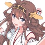  2girls ahoge akashi_(kantai_collection) bar_censor beancurd blue_eyes blush_stickers breasts brown_hair censored cleavage commentary double_bun headgear kantai_collection kongou_(kantai_collection) long_hair looking_at_viewer multiple_girls nontraditional_miko pink_hair smile white_background 
