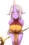  1girl bare_shoulders blush highres league_of_legends looking_at_viewer pocari_sweat_(artist) purple_skin simple_background soraka yellow_eyes 