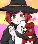  1girl :3 bangs black_scarf blush brown_eyes cape dangan_ronpa hair_ornament hairclip hat lowres monotarou_(dangan_ronpa) mouth_hold multicolored_background new_dangan_ronpa_v3 open_mouth pacifier red_hair scarf sharp_teeth shimada_(dmisx) short_hair simple_background smile sweatdrop swept_bangs waving witch_hat yumeno_himiko 